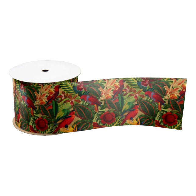 Antique Tropical Parrots Jungle Pattern Satin Ribbon (Spool)