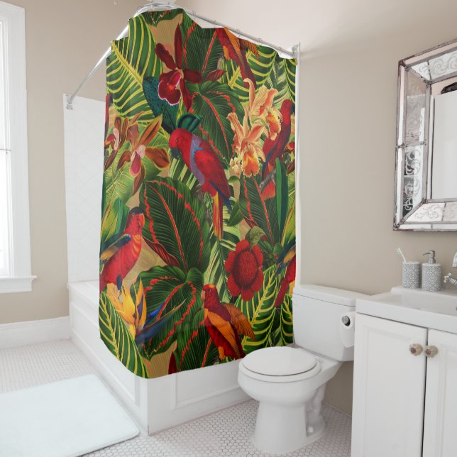 Antique Tropical Parrots Jungle Pattern Shower Curtain (In Situ)