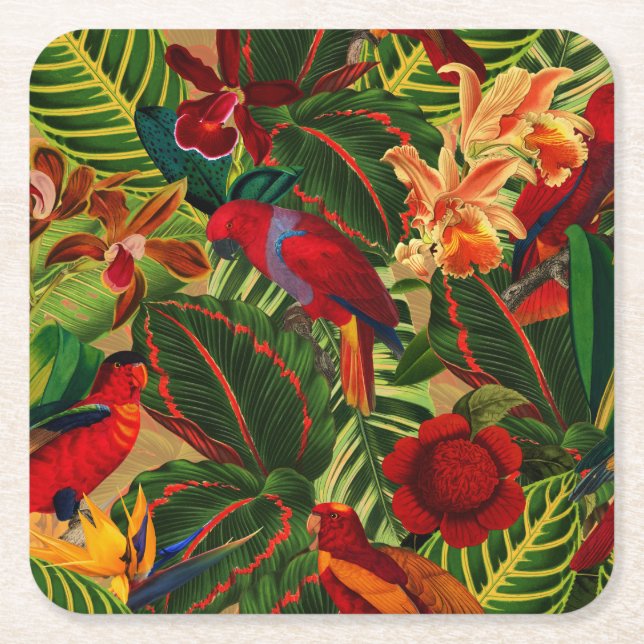 Antique Tropical Parrots Jungle Pattern Square Paper Coaster (Front)