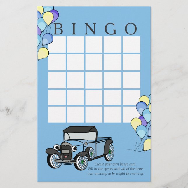 Antique Truck and Balloons Bingo Card (Front)
