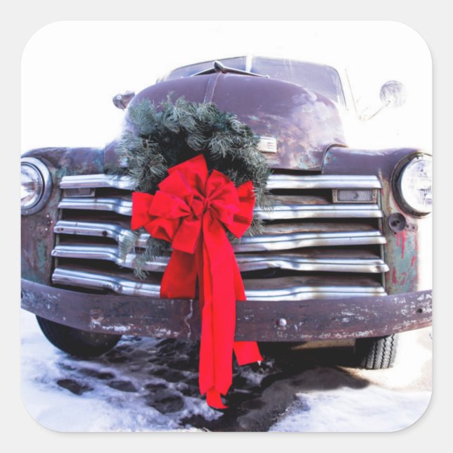 Antique Truck with Festive Christmas Wreath Square Sticker (Front)