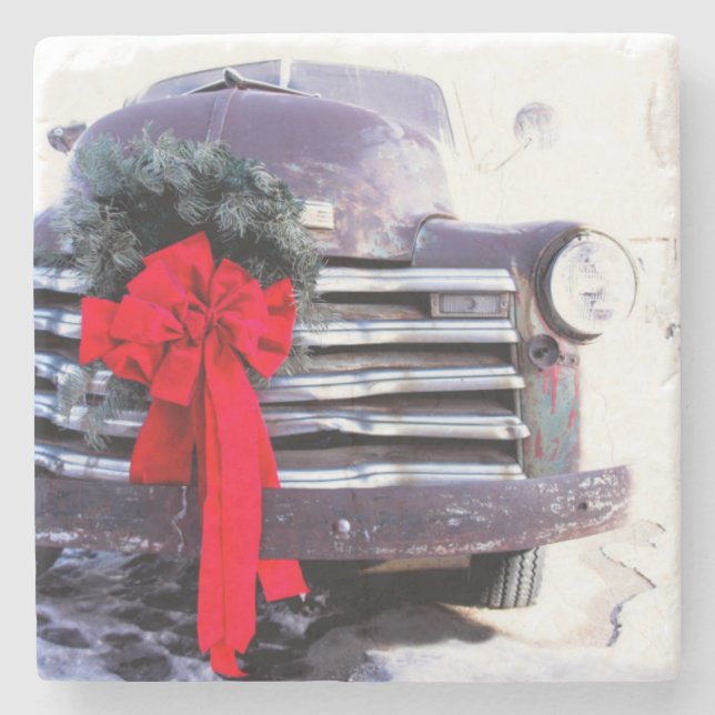 Antique Truck with Festive Christmas Wreath Stone Coaster (Front)