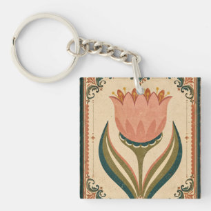 Antique Tulip Folk Art Illustration Vintage Style Key Ring