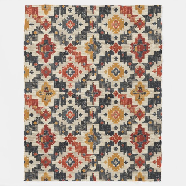 Antique Turkish Aksaray Kilim Print Fleece Blanket (Front)