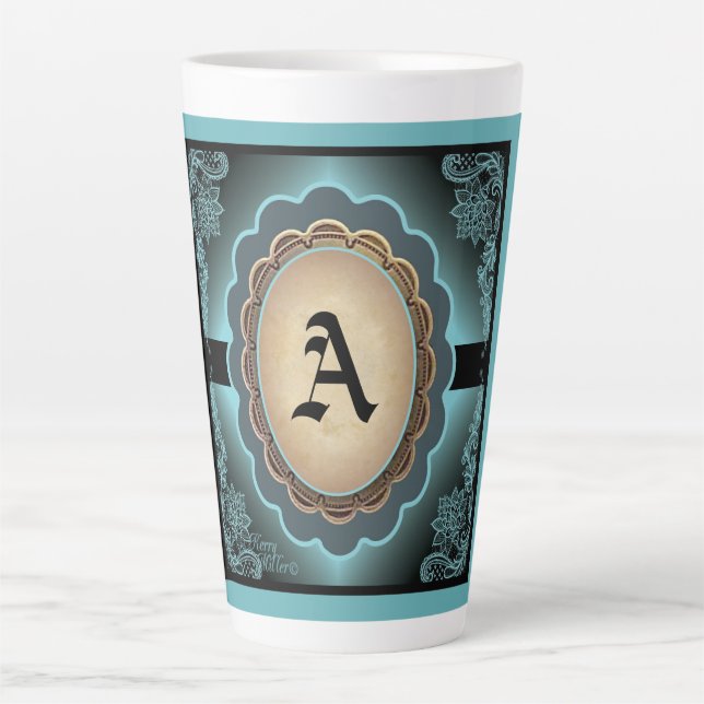 Antique Turquoise Lace Monogram Latte Mug (Front)