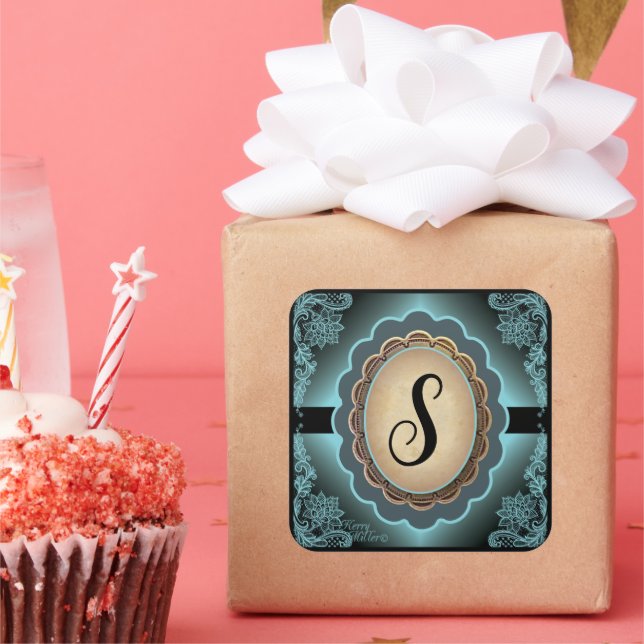 Antique Turquoise Lace Monogram Sticker (Party)