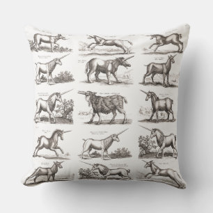 Antique Unicorn Engraving Vintage Zoology Specimen Cushion