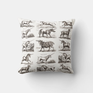 Antique Unicorn Engraving Vintage Zoology Specimen Cushion