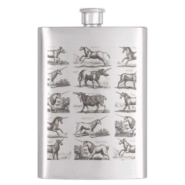 Antique Unicorn Engraving Vintage Zoology Specimen Hip Flask (Front)