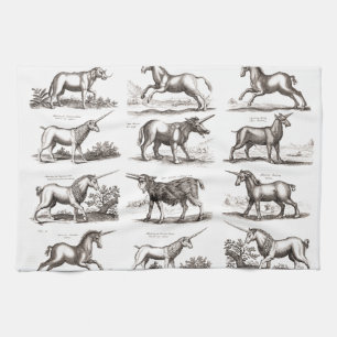 Antique Unicorn Engraving Vintage Zoology Specimen Tea Towel