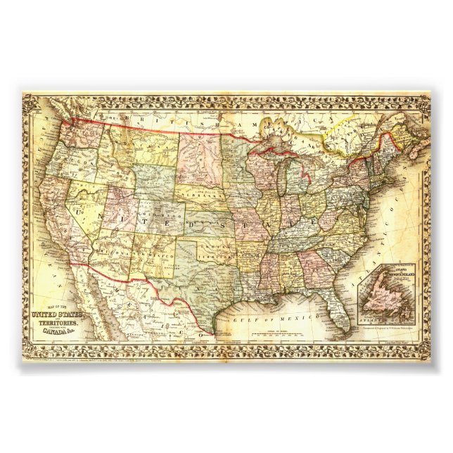 Antique United States Vintage Map Illustration Photo Print (Front)