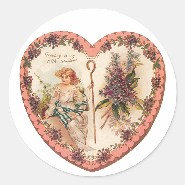 Antique Valentine Cupid Heart Classic Round Sticker (Front)