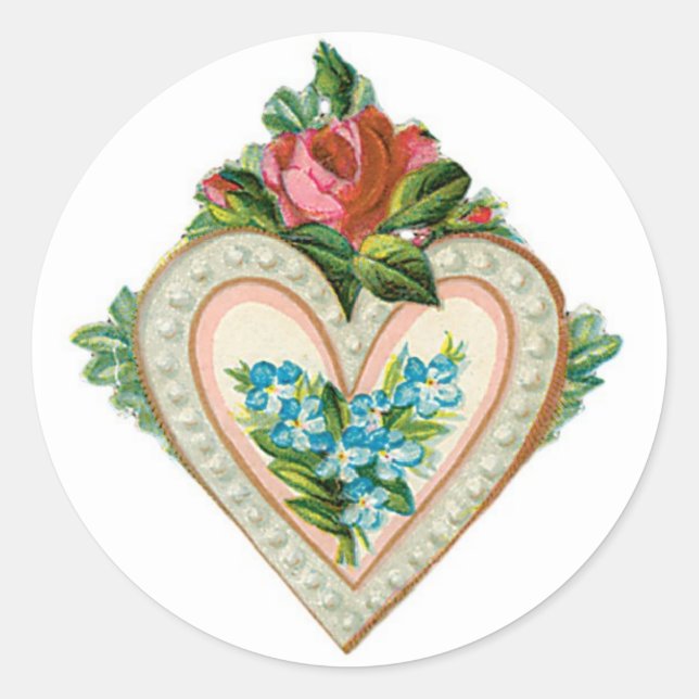 Antique Valentine Flower Heart Classic Round Sticker (Front)