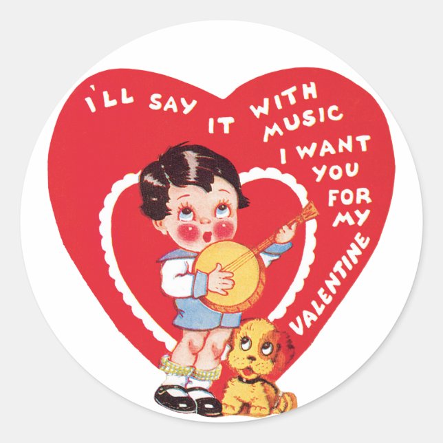 Antique Valentine Girl with Puppy Classic Round Sticker (Front)