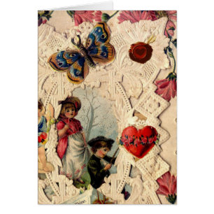 ANTIQUE VALENTINE LACE,CUPID,LOVERS AND BUTTERFLY
