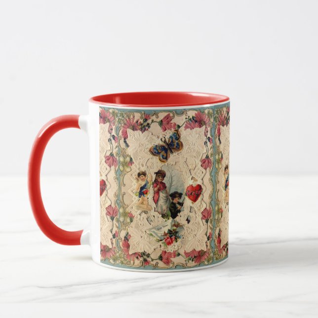 ANTIQUE VALENTINE LACE,CUPID,LOVERS AND BUTTERFLY MUG (Left)