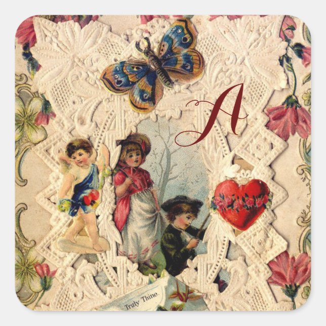 ANTIQUE VALENTINE LACE,CUPID,LOVERS AND BUTTERFLY SQUARE STICKER (Front)