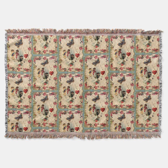 ANTIQUE VALENTINE LACE,CUPID,LOVERS AND BUTTERFLY THROW BLANKET (Front)