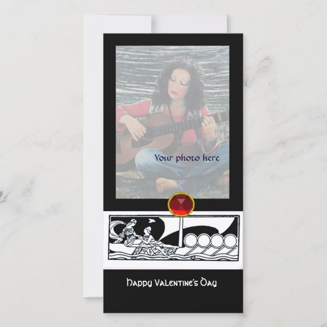 ANTIQUE VESSEL AND LOVERS Red Ruby Gem Black White Holiday Card (Front)