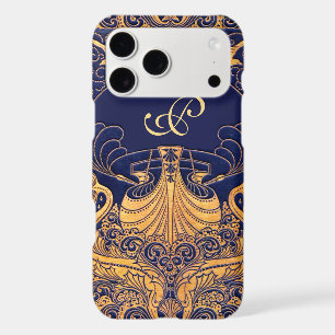 Antique Vessel,Dolphins,Gold,Navy Blue Monogram