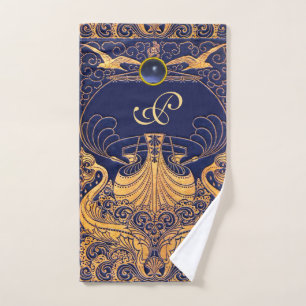Antique Vessel,Dolphins,Gold,Navy Blue Monogram Bath Towel Set