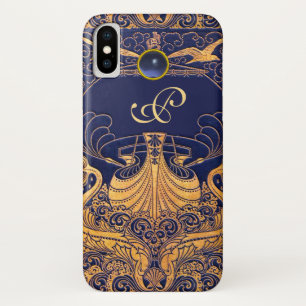 Antique Vessel,Dolphins,Gold,Navy Blue Monogram iPhone X Case