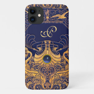 Antique Vessel,Dolphins,Gold,Navy Blue Monogram iPhone 11 Case