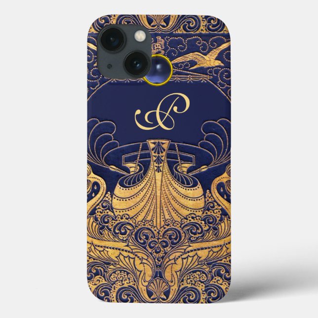 Antique Vessel,Dolphins,Gold,Navy Blue Monogram Case-Mate iPhone Case (Back)