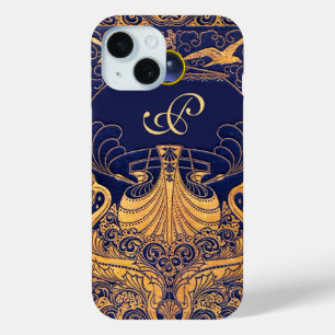 Antique Vessel,Dolphins,Gold,Navy Blue Monogram iPhone 15 Case