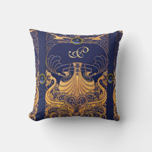 Antique Vessel,Dolphins,Gold,Navy Blue Monogram Cushion