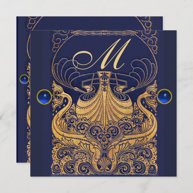 Antique Vessel,Dolphins,Gold,Navy Blue Monogram Invitation (Front/Back)