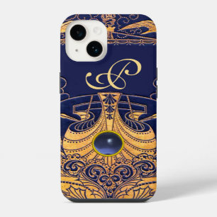 Antique Vessel,Dolphins,Gold,Navy Blue Monogram iPhone Case