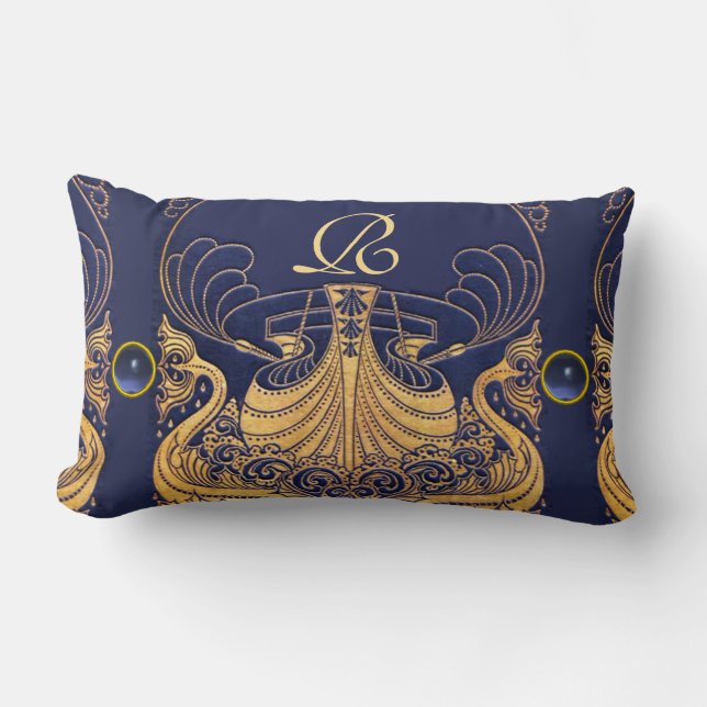 Antique Vessel,Dolphins,Gold,Navy Blue Monogram Lumbar Cushion (Front)
