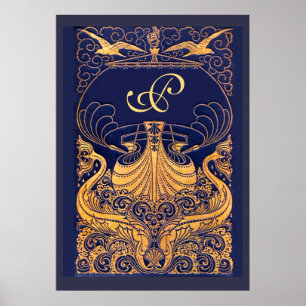 Antique Vessel,Dolphins,Gold,Navy Blue Monogram Poster