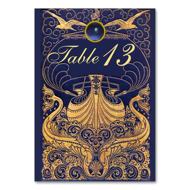 Antique Vessel,Dolphins,Gold,Navy Blue Nautical Table Number (Front)