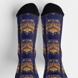 Antique Vessel,Dolphins,Gold,Navy Blue Pattern  Socks