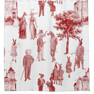 antique victorian animal toile anthropomorphic red shower curtain