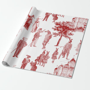 antique victorian animal toile anthropomorphic red wrapping paper