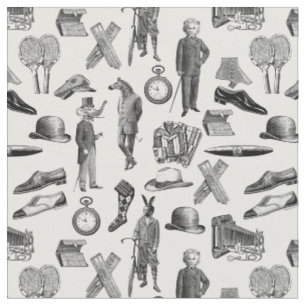antique victorian animals black white toile men fabric