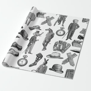 antique victorian animals black white toile men wrapping paper