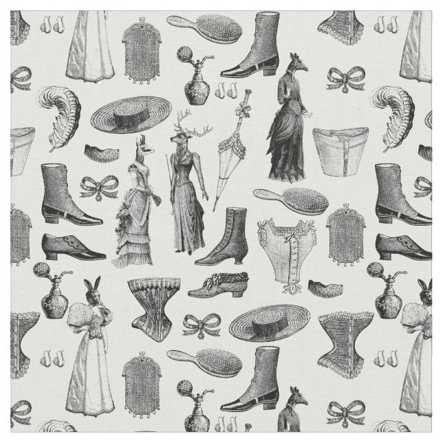 antique victorian animals black white toile women fabric (Close Up)
