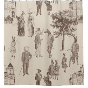 antique victorian animals brown beige toile shower curtain