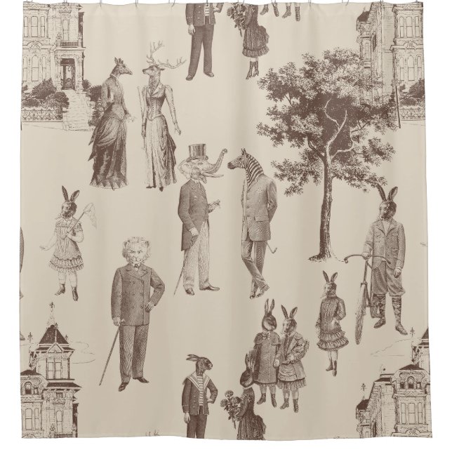 antique victorian animals brown beige toile shower curtain (Front)