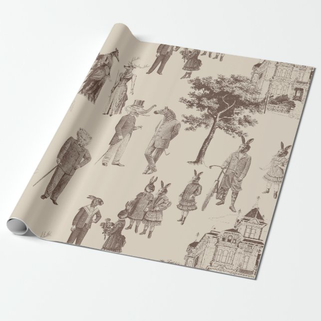 antique victorian animals brown beige toile wrapping paper (Unrolled)