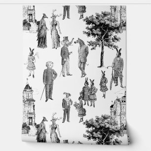 antique victorian animals toile anthropomorphic wallpaper