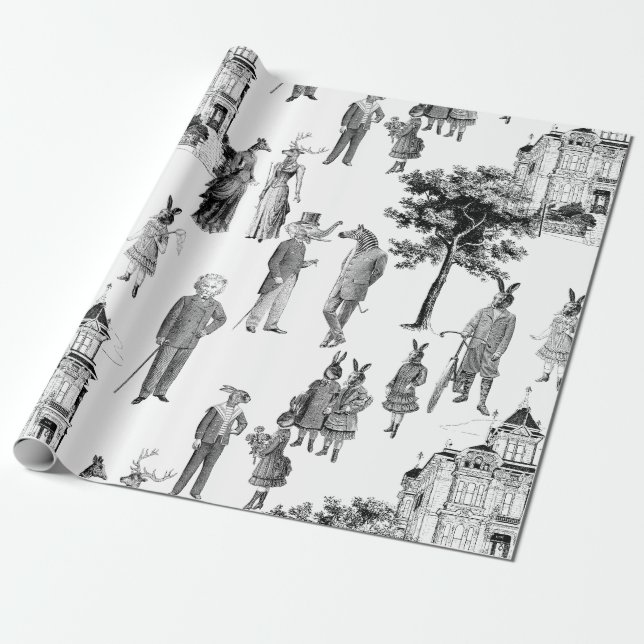 antique victorian animals toile anthropomorphic wrapping paper (Unrolled)