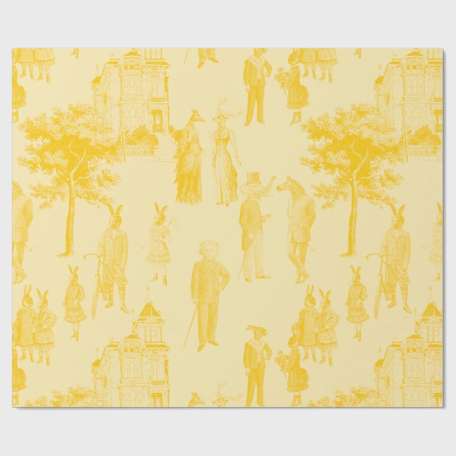 antique victorian animals yellow toile wrapping paper (Flat)