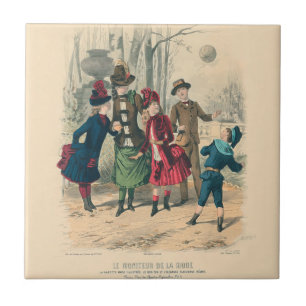 Antique Victorian Children Play Ball 1880 Winter Ceramic Tile