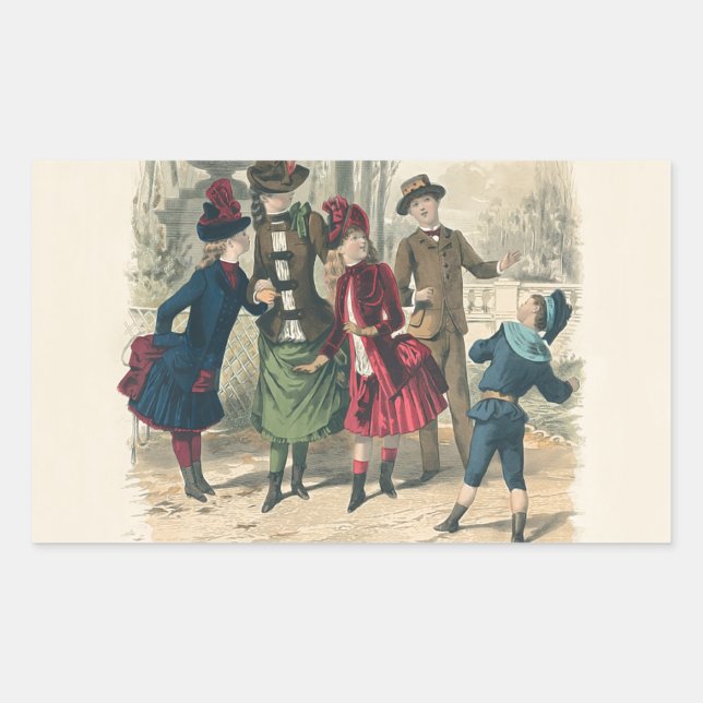 Antique Victorian Children Play Ball 1880 Winter Rectangular Sticker (Front)