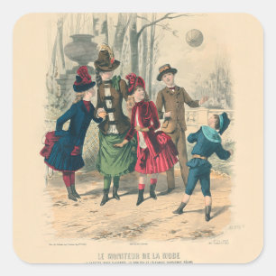 Antique Victorian Children Play Ball 1880 Winter Square Sticker